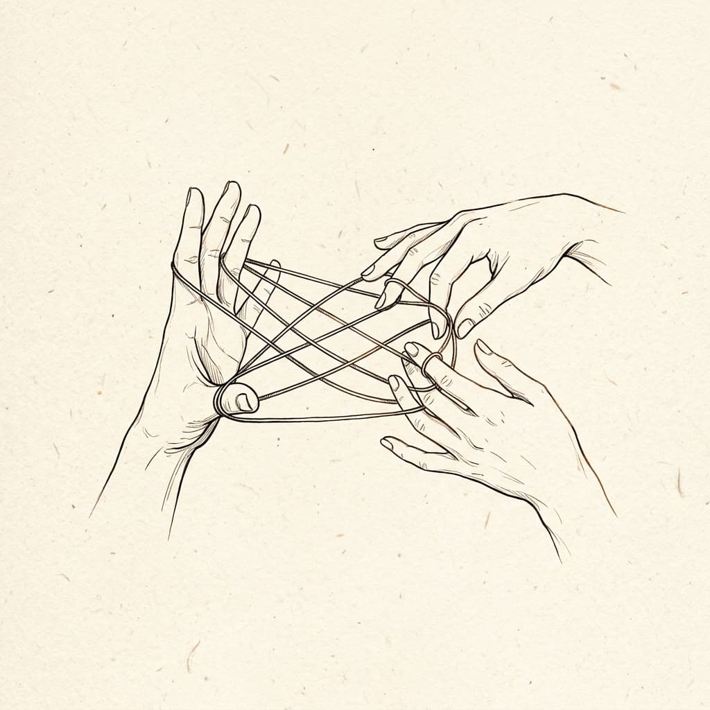Artistic sketch of hands playing cat's cradle string figures